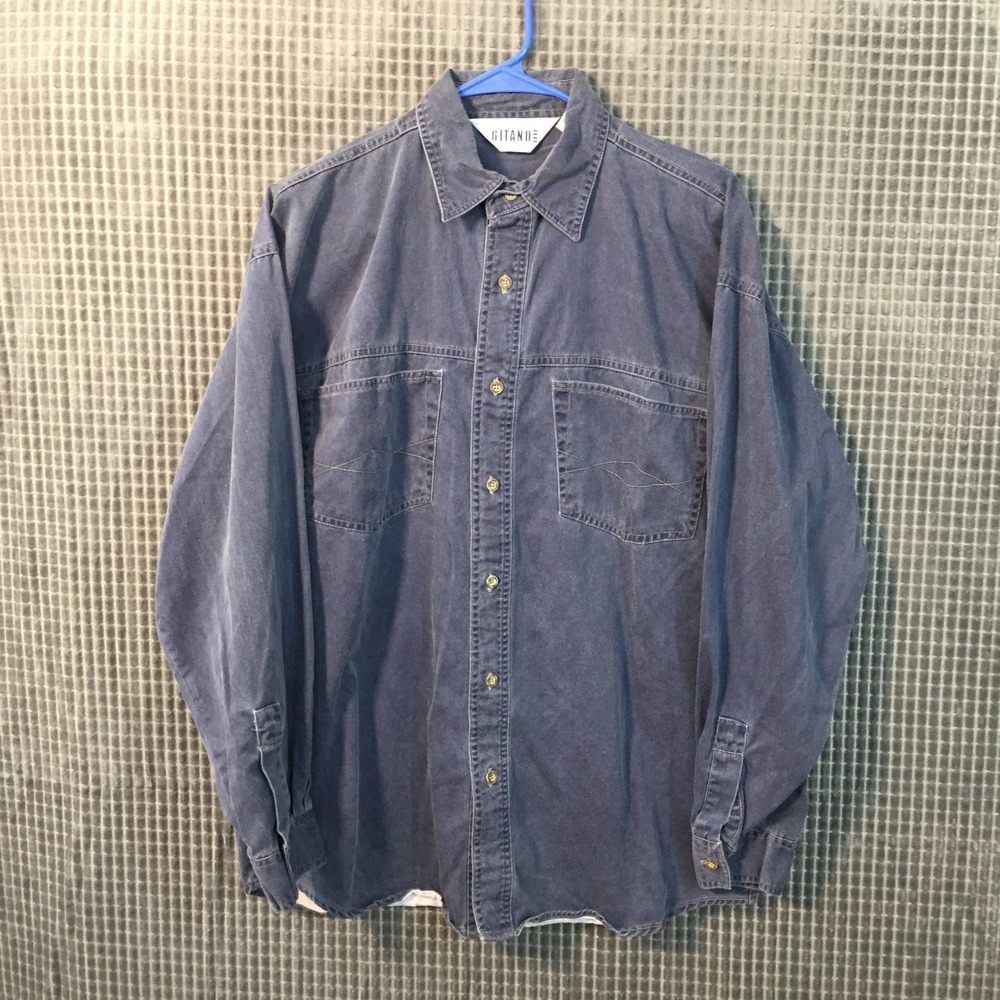 Gitano Mens Small Blue Denim Button Down Shirt Long Sleeve Cotton Vintage Style
